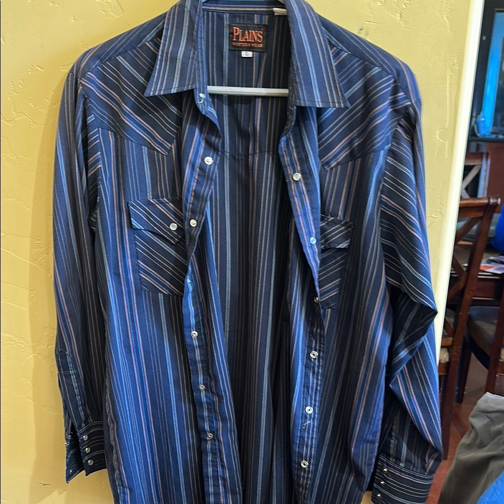 Plains Western Wear Men's Navy Blue Striped Shirt